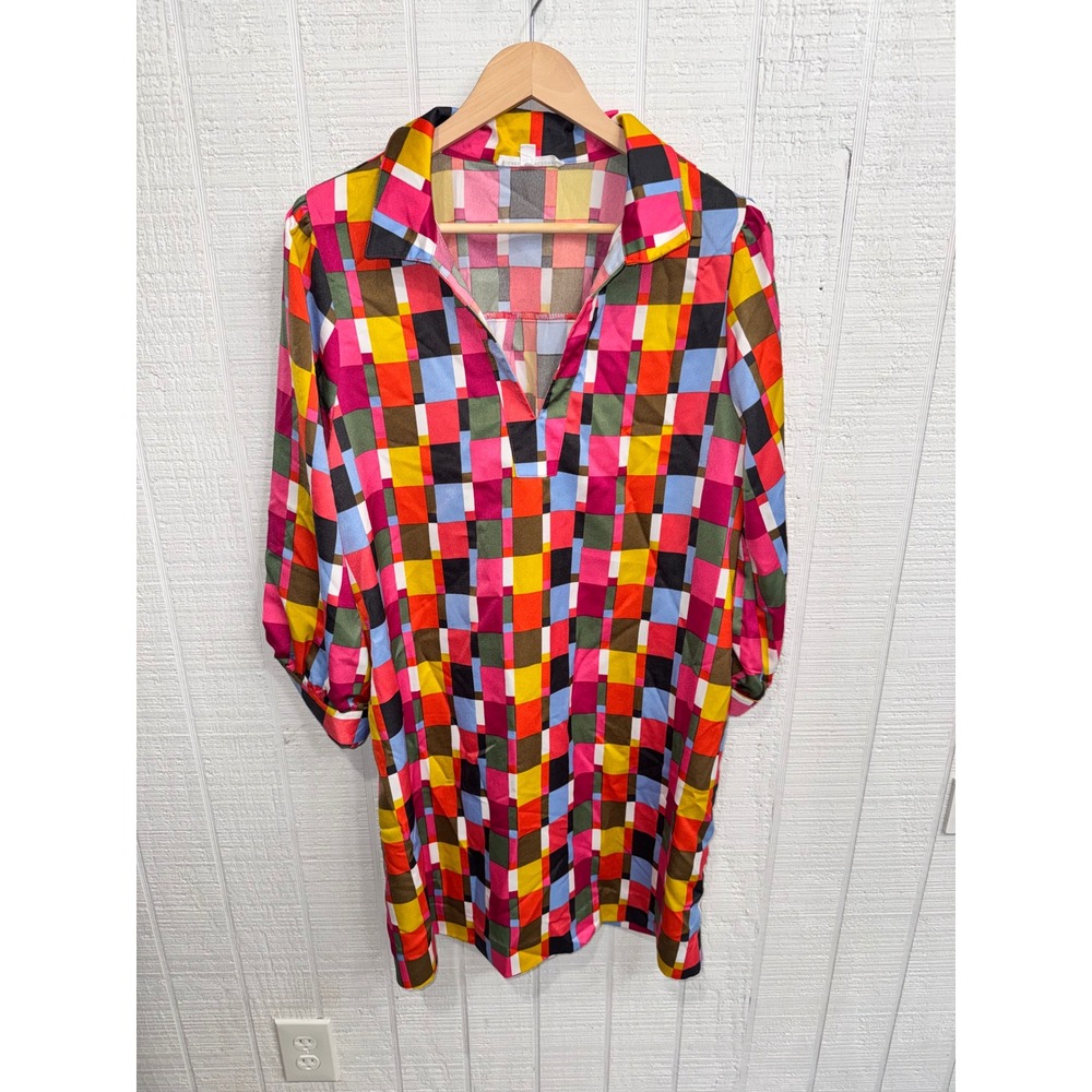 Michelle McDowell Tunic Dress Women XL Multicolor Geometric Grid Puff Sleeve
